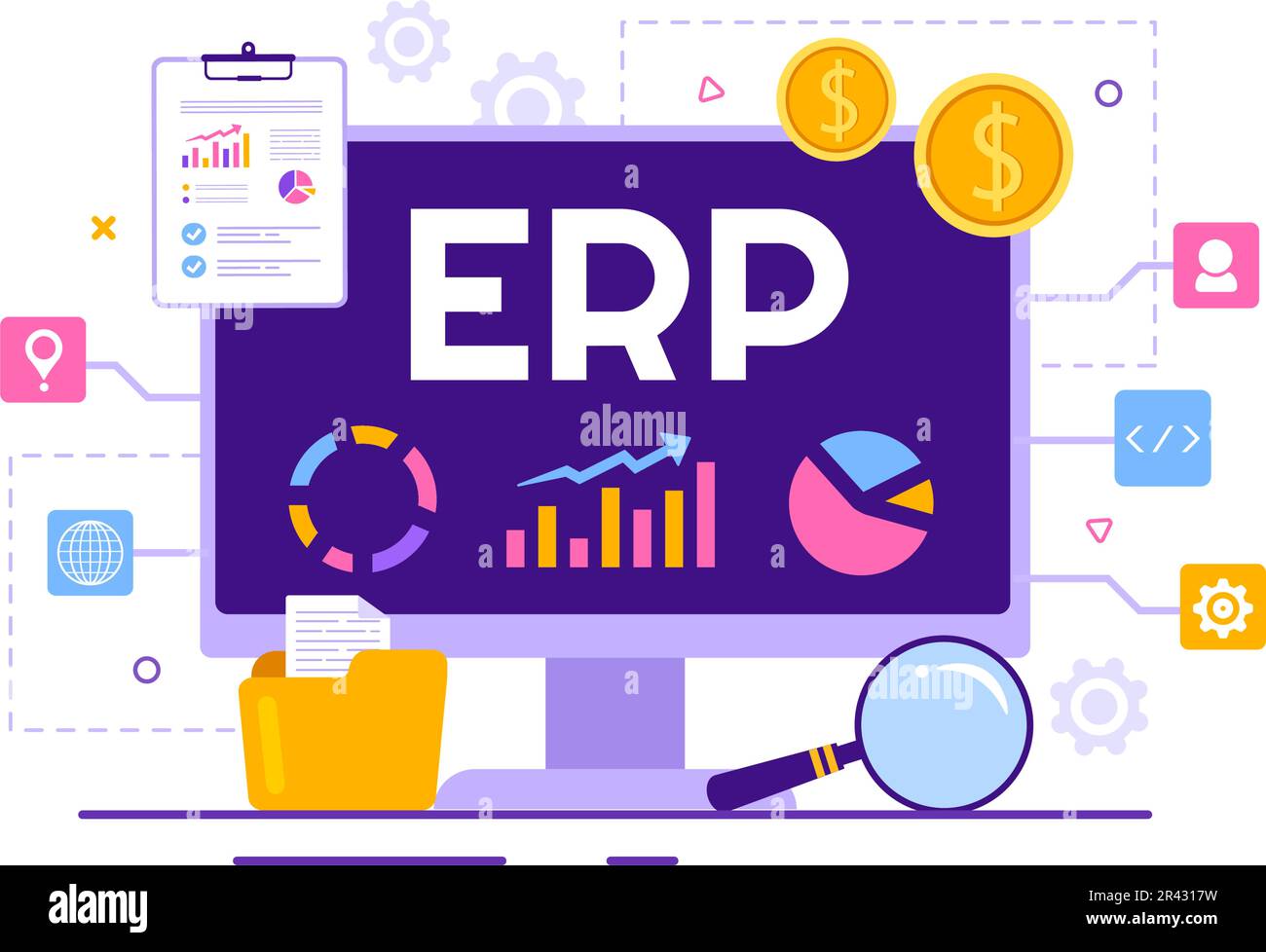 ERP Enterprise Resource Planning System Vector Illustration with Business Integration, Productivity and Company Enhancement in Hand Drawn Templates Stock Vector