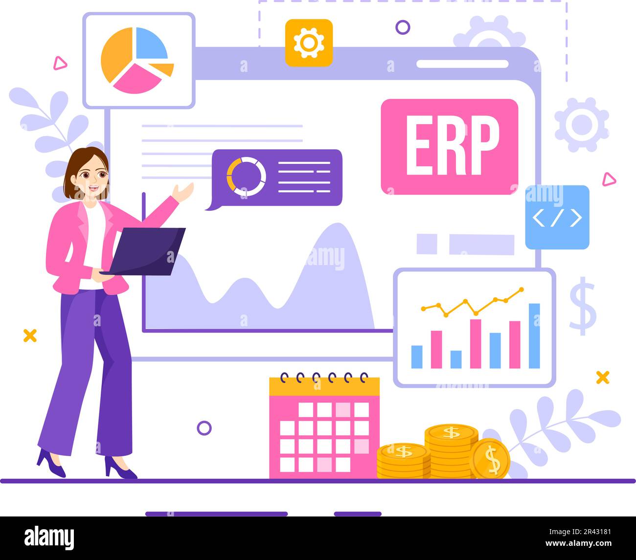 ERP Enterprise Resource Planning System Vector Illustration with Business Integration, Productivity and Company Enhancement in Hand Drawn Templates Stock Vector