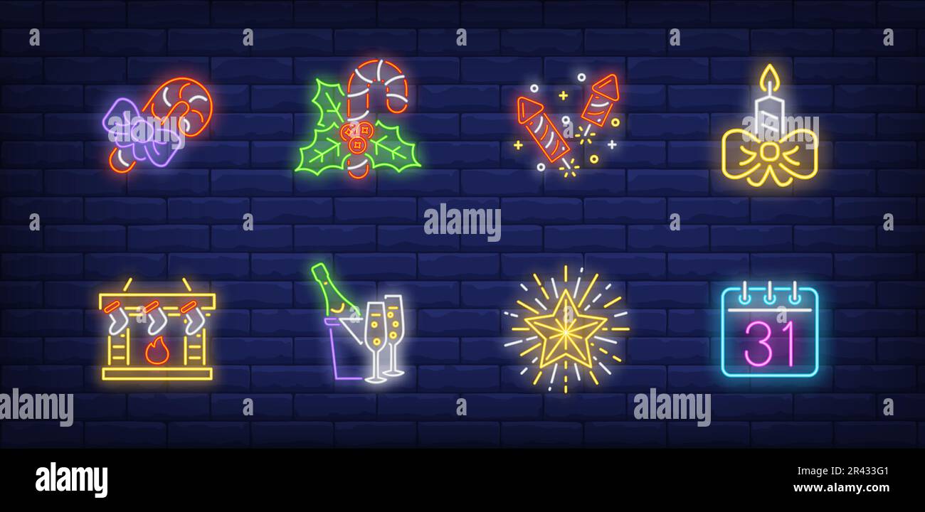 December holidays neon sign set Stock Vector