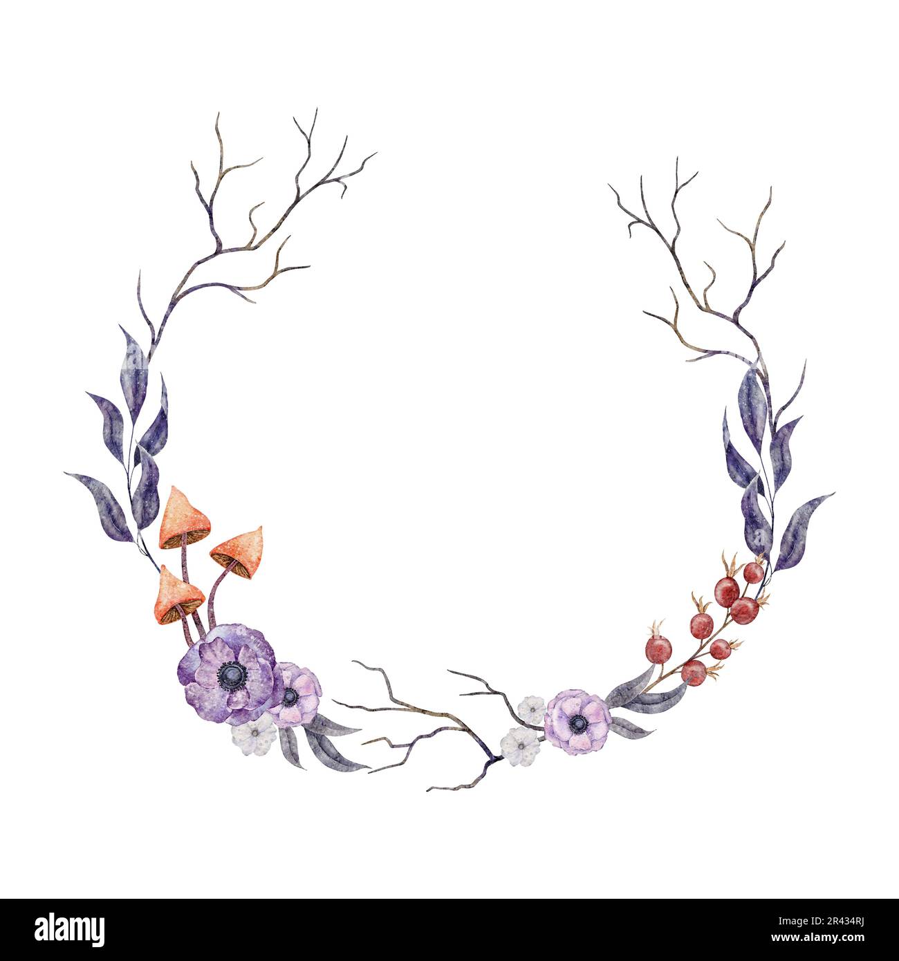 Round wreath with purple anemone , rosehip berries, dusk violet leaves, mushroom and tree branches. Autumn hand drawn watercolor illustration. Fall Stock Photo