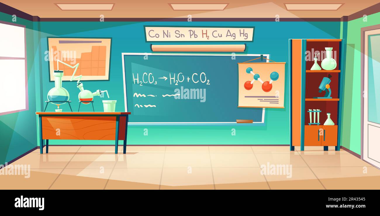 Chemistry empty classroom laboratory interior with chemical