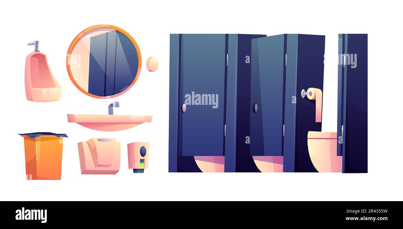 Public toilet interior set. Toilet bowls in cubicles, sink, mirror, urinal and trash bin for restroom or WC. Vector cartoon lavatory furniture for school, mall or office isolated on white background Stock Vector