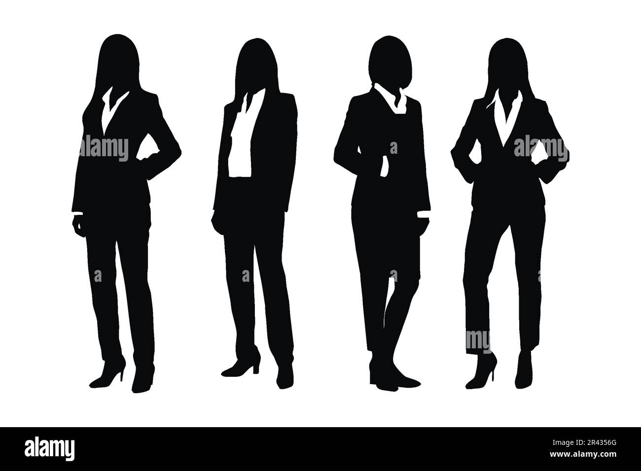Female lawyers standing and wearing uniforms silhouette collection. Anonymous woman counselor and lawyer silhouette set vector. Female lawyer models w Stock Vector