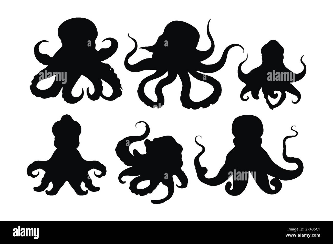 Octopus with tentacles in different positions, silhouette set vector
