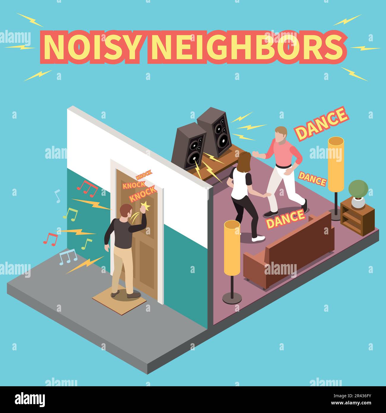 Noisy neighbors isometric concept with people having loud party vector illustration Stock Vector