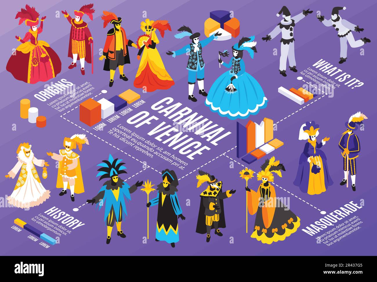 Isometric venetian costumes carnival horizontal composition with text captions bar charts and human characters wearing apparel vector illustration Stock Vector