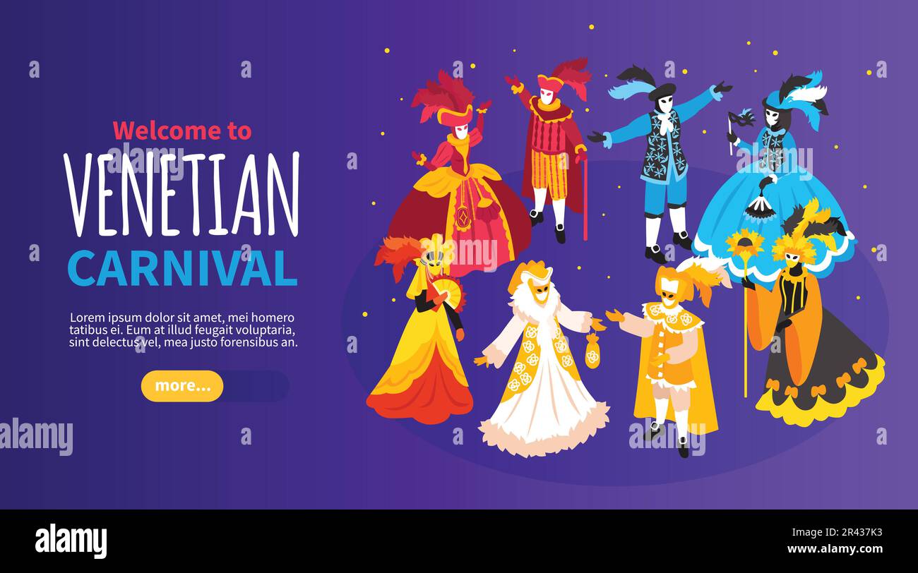 Isometric venetian costumes carnival horizontal banner with editable text and more button with festive human characters vector illustration Stock Vector