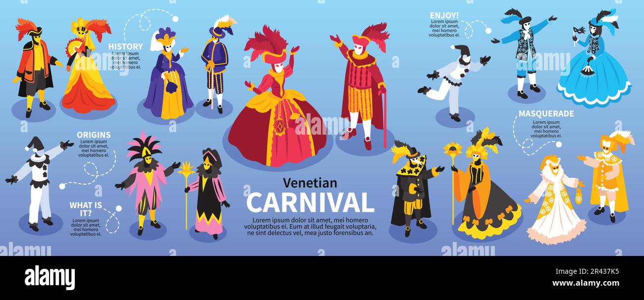 Isometric venetian costumes carnival infographics with isolated human characters in historical suits wearing masks with text vector illustration Stock Vector