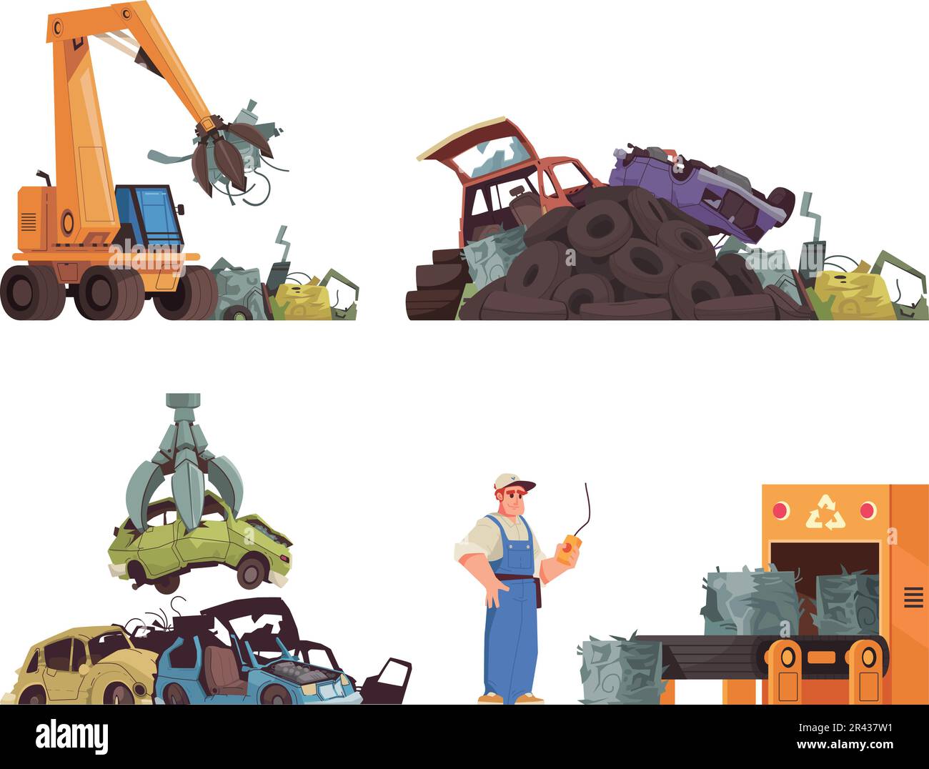 Car dump cartoon icons set with crushed autos isolated vector illustration Stock Vector