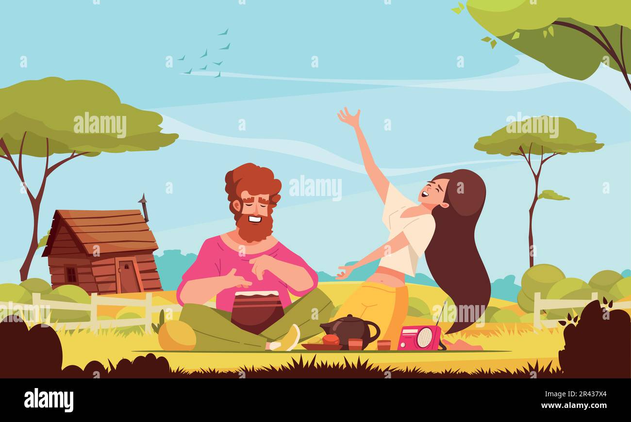 Picnic cartoon concept with happy couple having dinner outdoors vector illustration Stock Vector