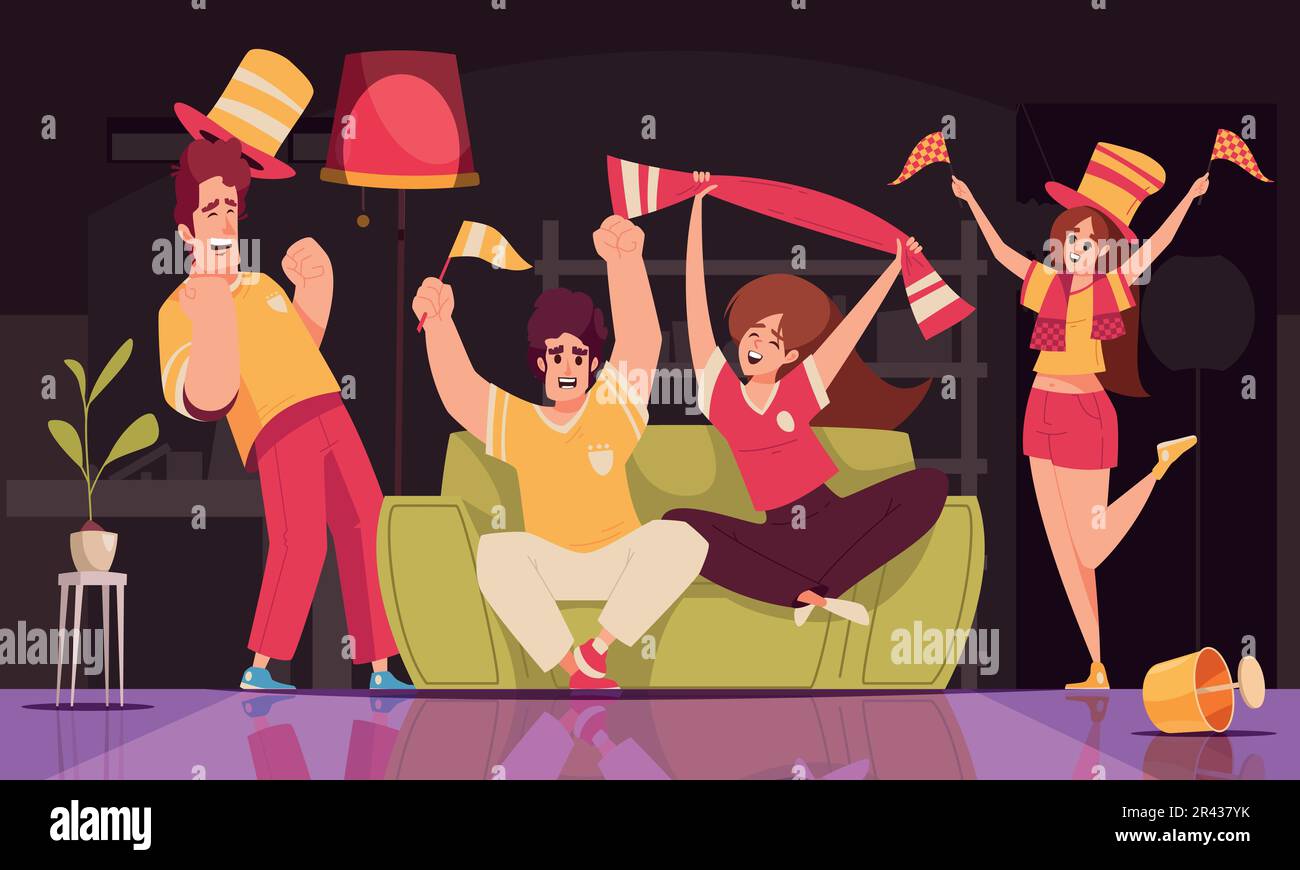 Sports fans cartoon composition with happy people celebrating victory