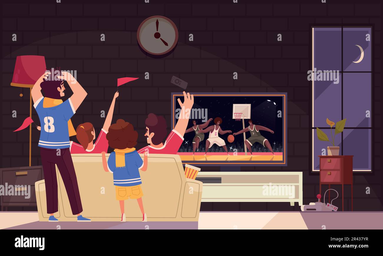Sports fan cartoon composition with family watching basketball game on