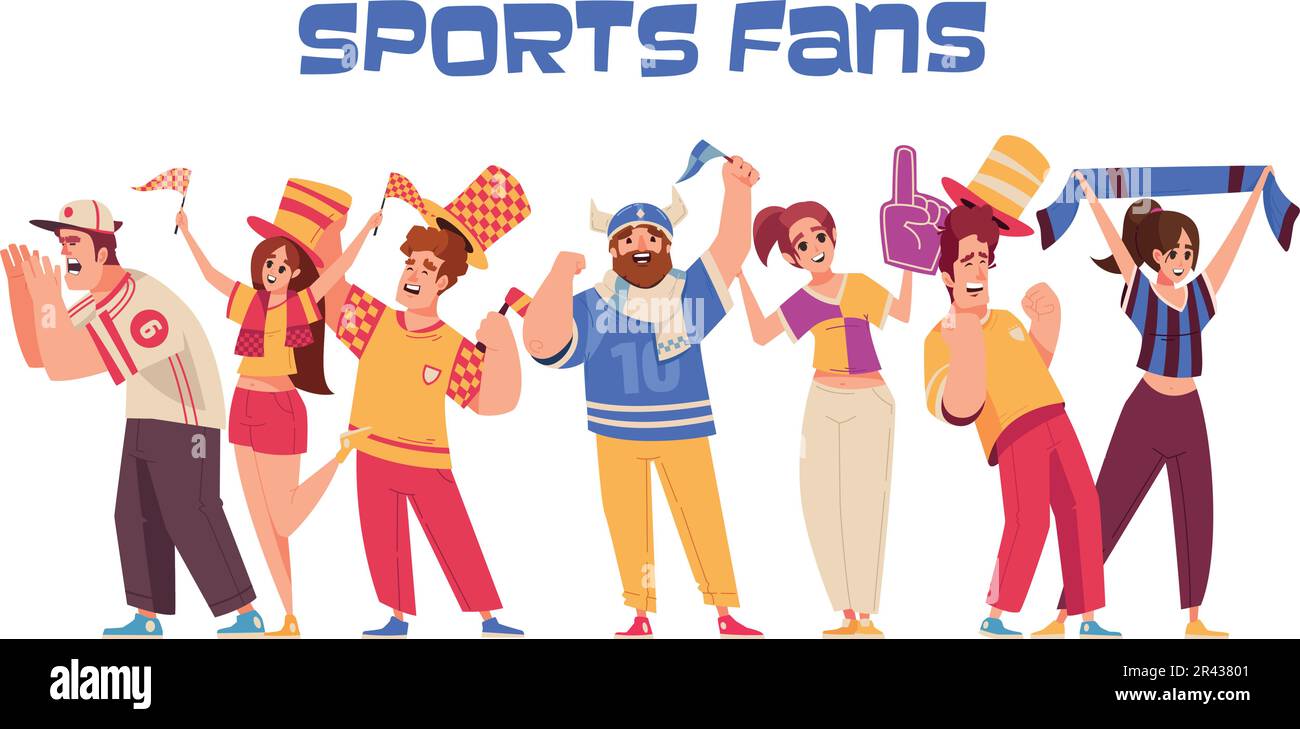 Sports fan cartoon icons set with happy people celebrating team victory