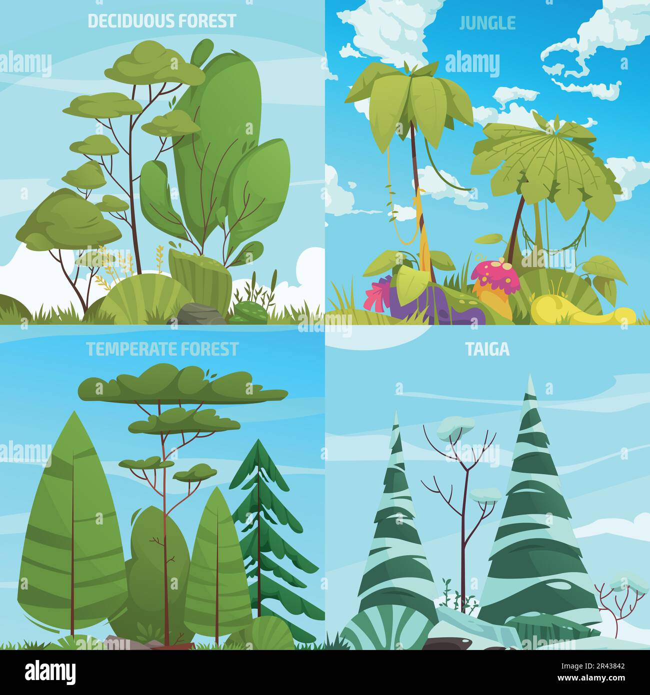 Ecosystem types cartoon compositions set with different forest systems isolated vector illustration Stock Vector