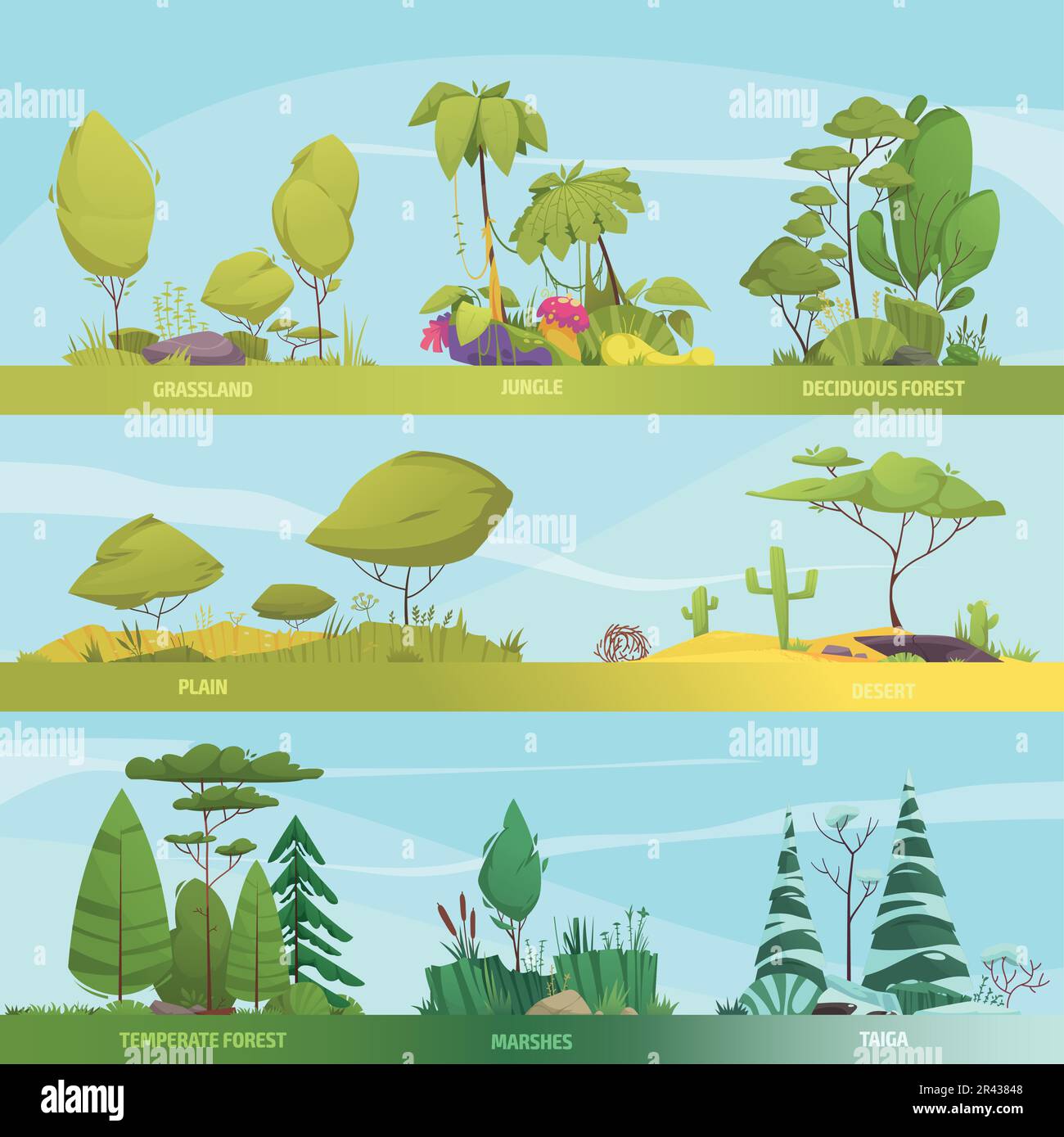 Ecosystem types cartoon banner set with temperate forest and desert compositions isolated vector illustration Stock Vector