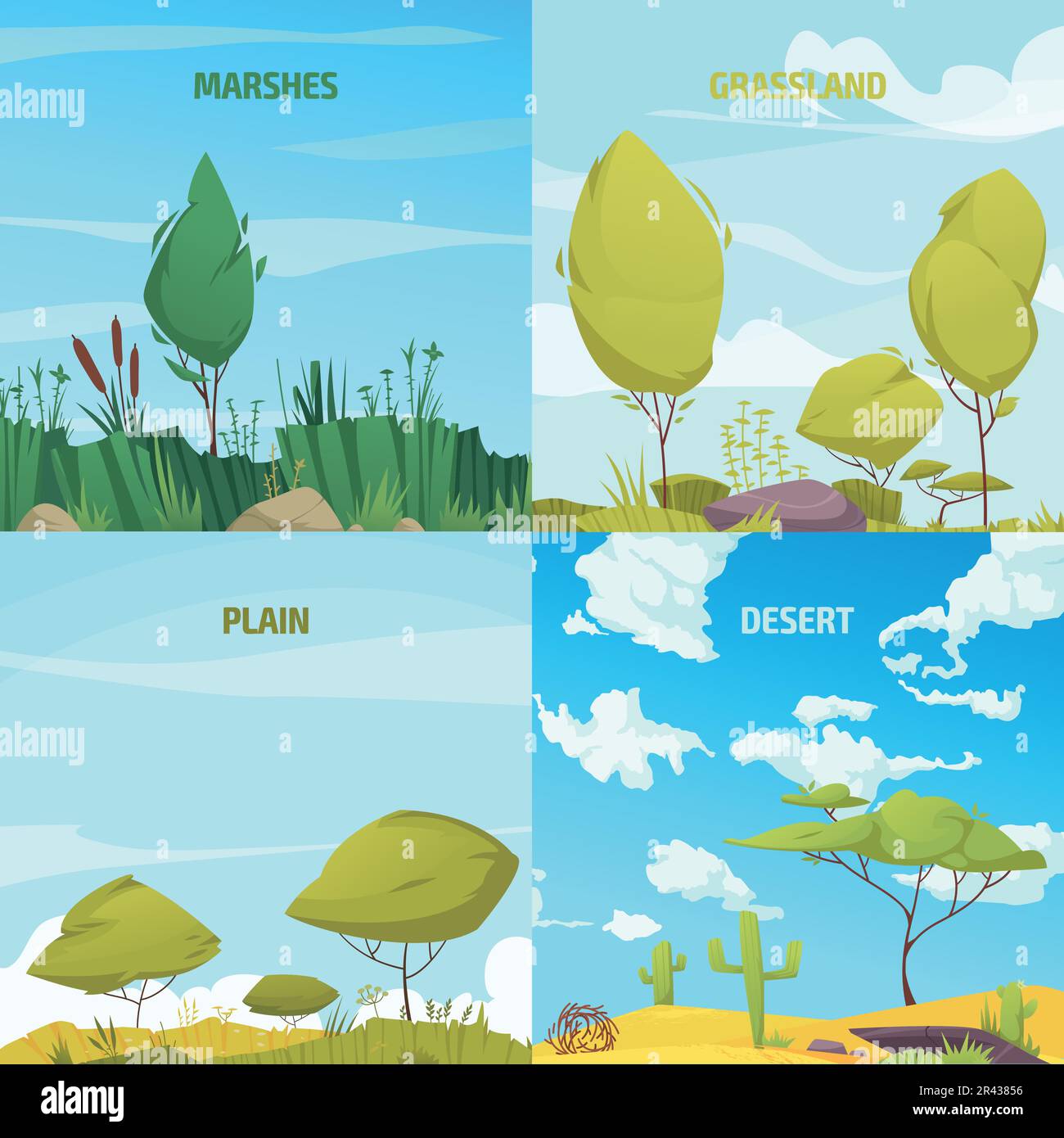 Ecosystem types cartoon set with marshes and grassland system compositions isolated vector illustration Stock Vector