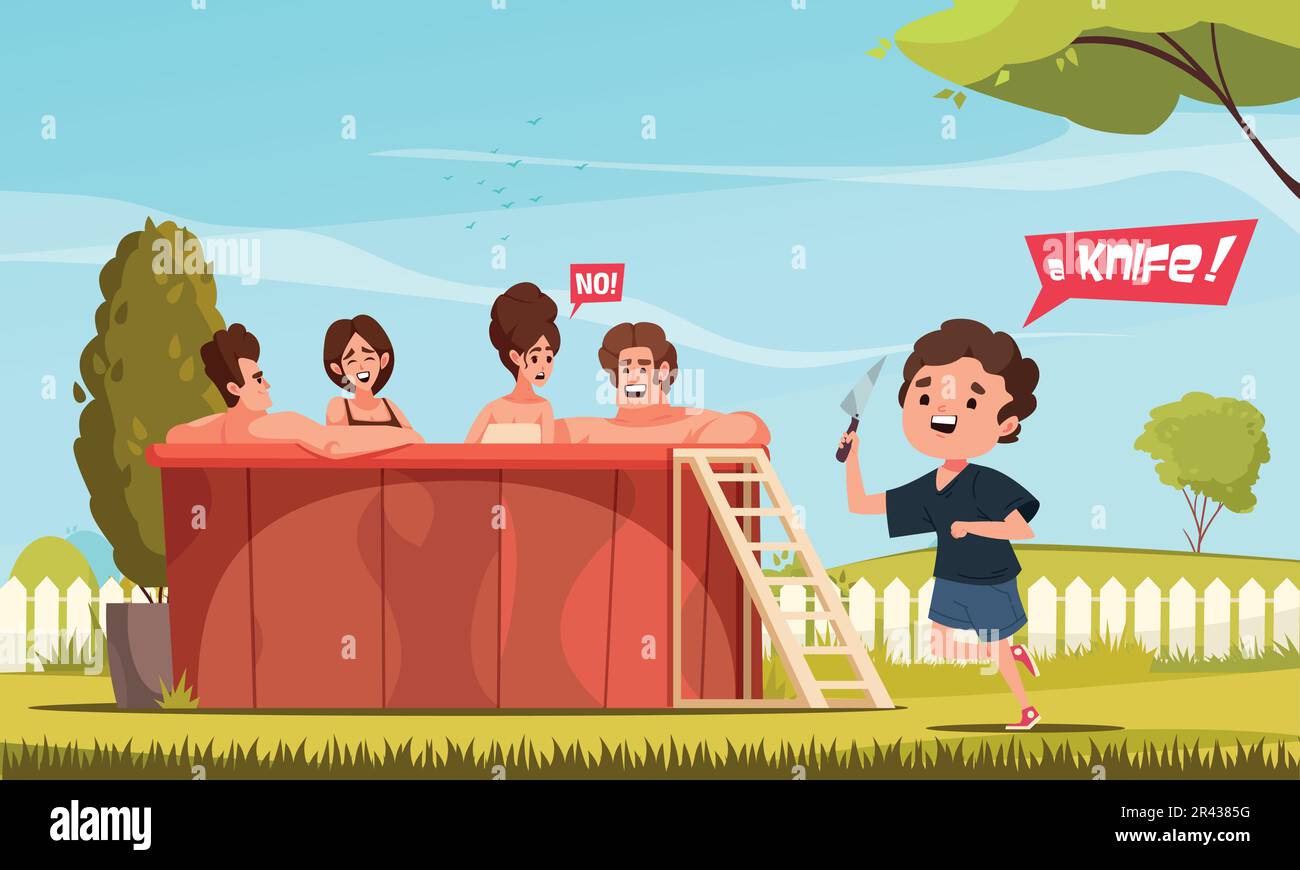 Kids danger cartoon composition with boy holding knife vector