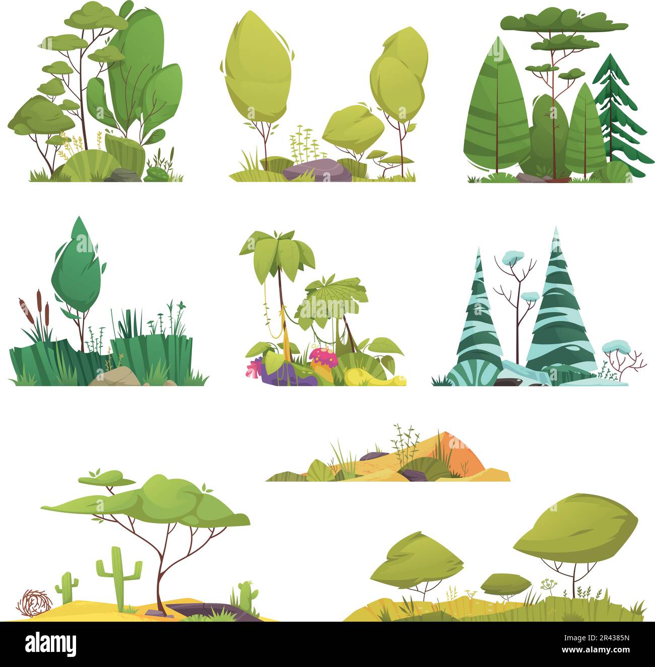Ecosystem types cartoon icons set with different trees and flora systems isolated vector illustration Stock Vector