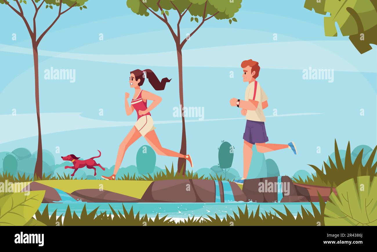 City runner cartoon concept with young couple running in park vector illustration Stock Vector