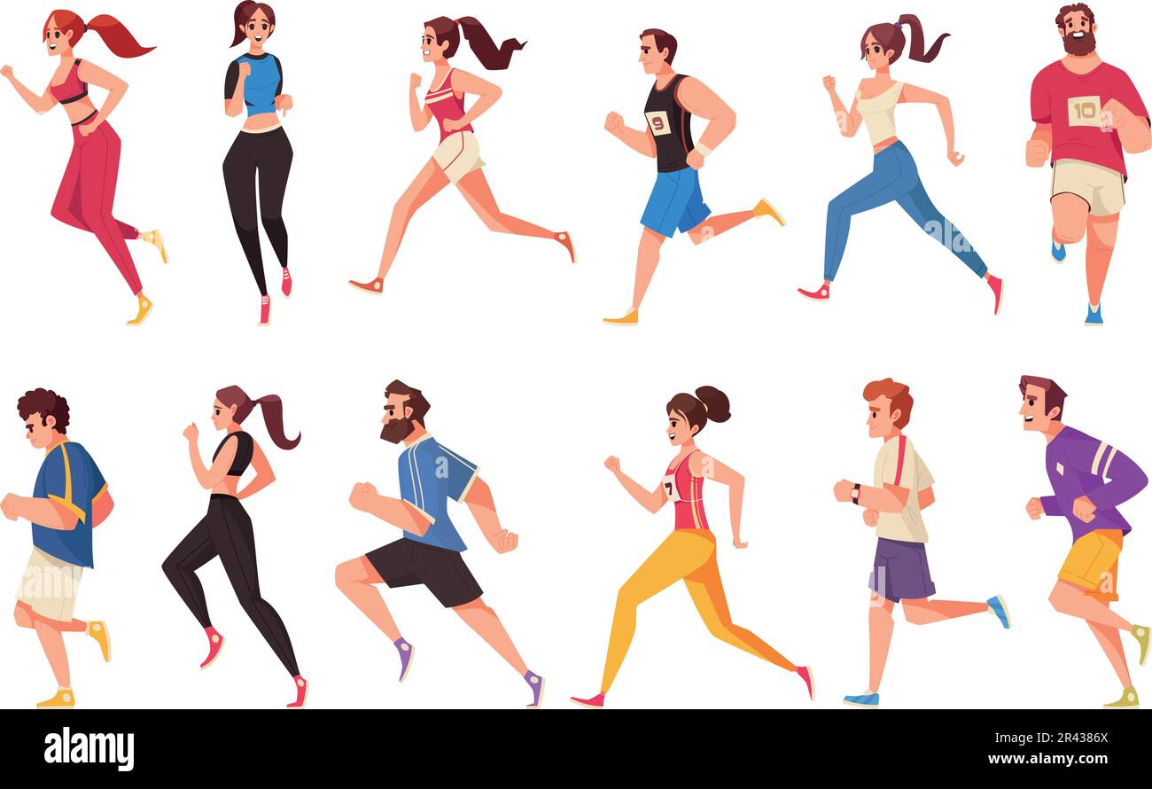 City runners cartoon icons set with people running marathon isolated vector illustration Stock Vector
