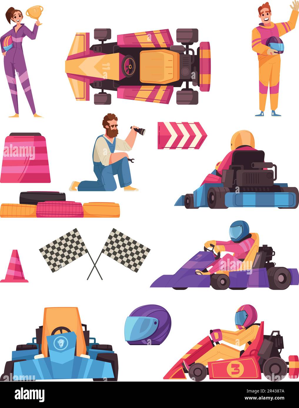 Karting cartoon icons set with racing cars and accessories isolated vector illustration Stock Vector