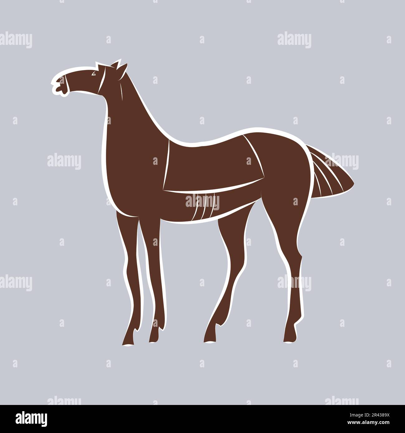 Graceful bay color mustang. Stallion hand drawing. Stylish white outline of horse on brown silhouette. Racehorse sketch. Logo for horse racing, derby, Stock Vector
