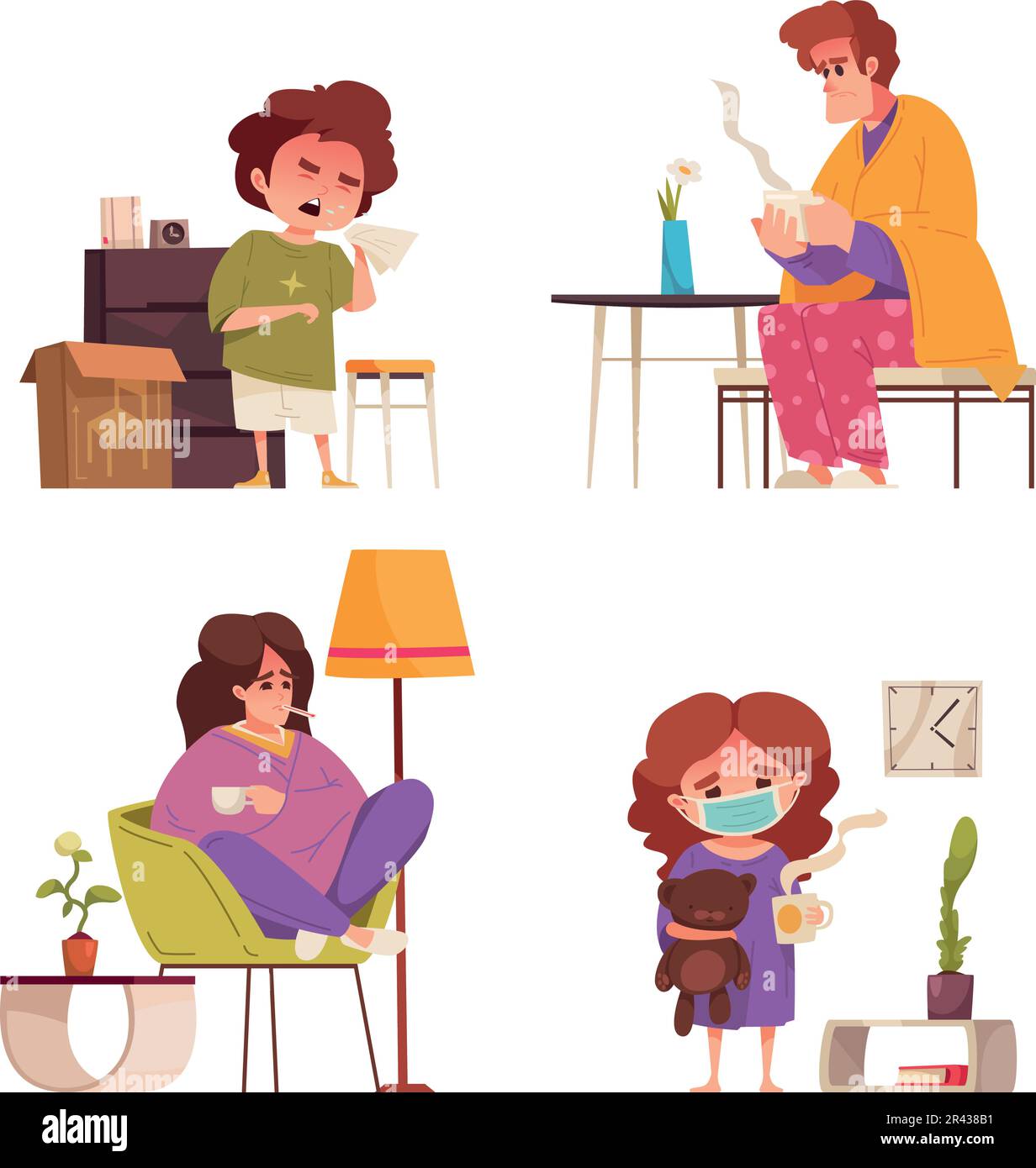 Flu cartoon compositions set with children and adults having virus infection symptoms isolated vector illustration Stock Vector