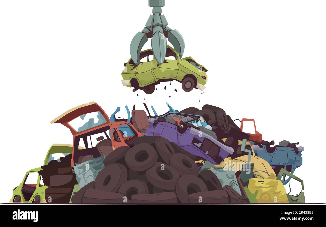 Car dump cartoon concept with auto crushing equipment vector illustration Stock Vector