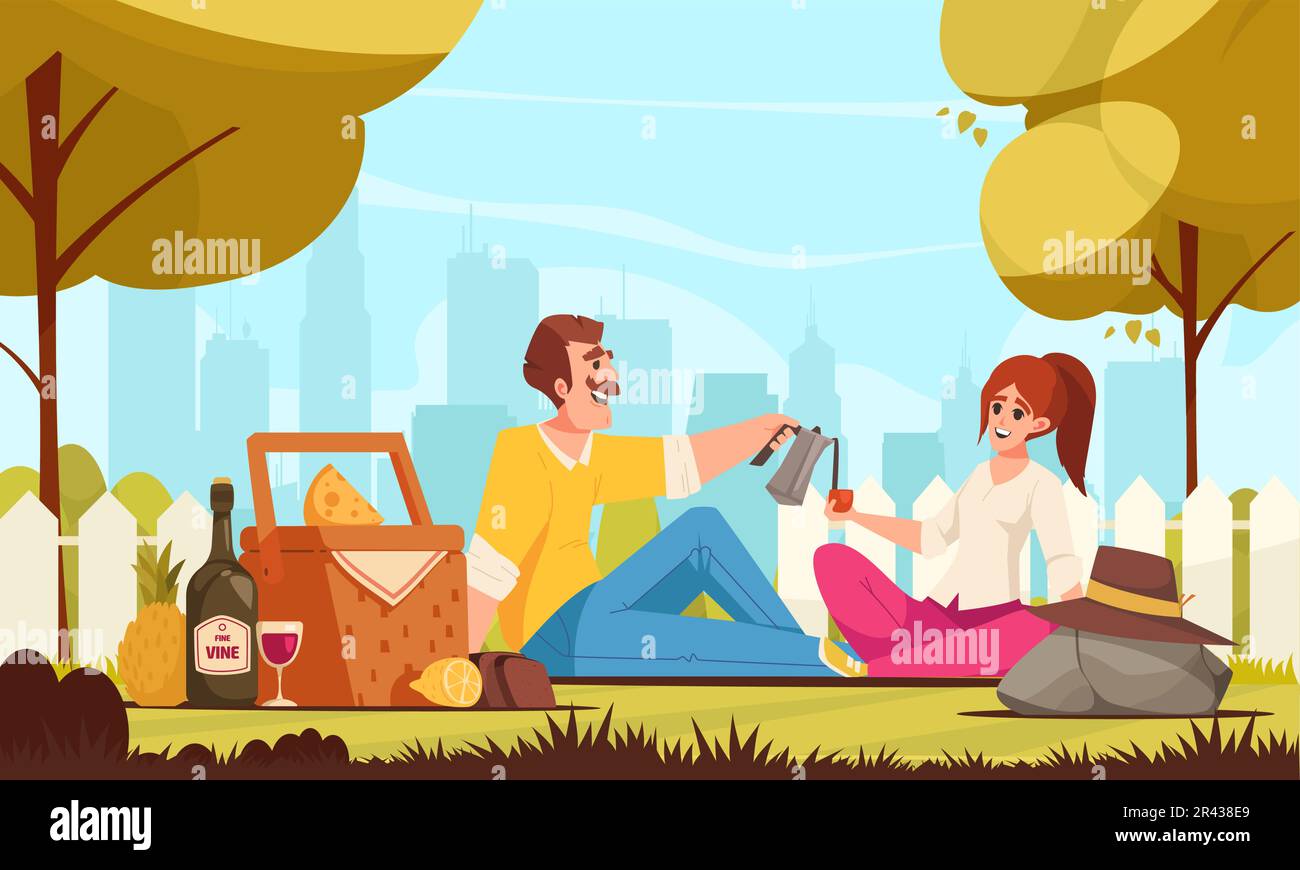 Picnic cartoon concept with happy couple having romanti meal outdoor vector illustration Stock Vector