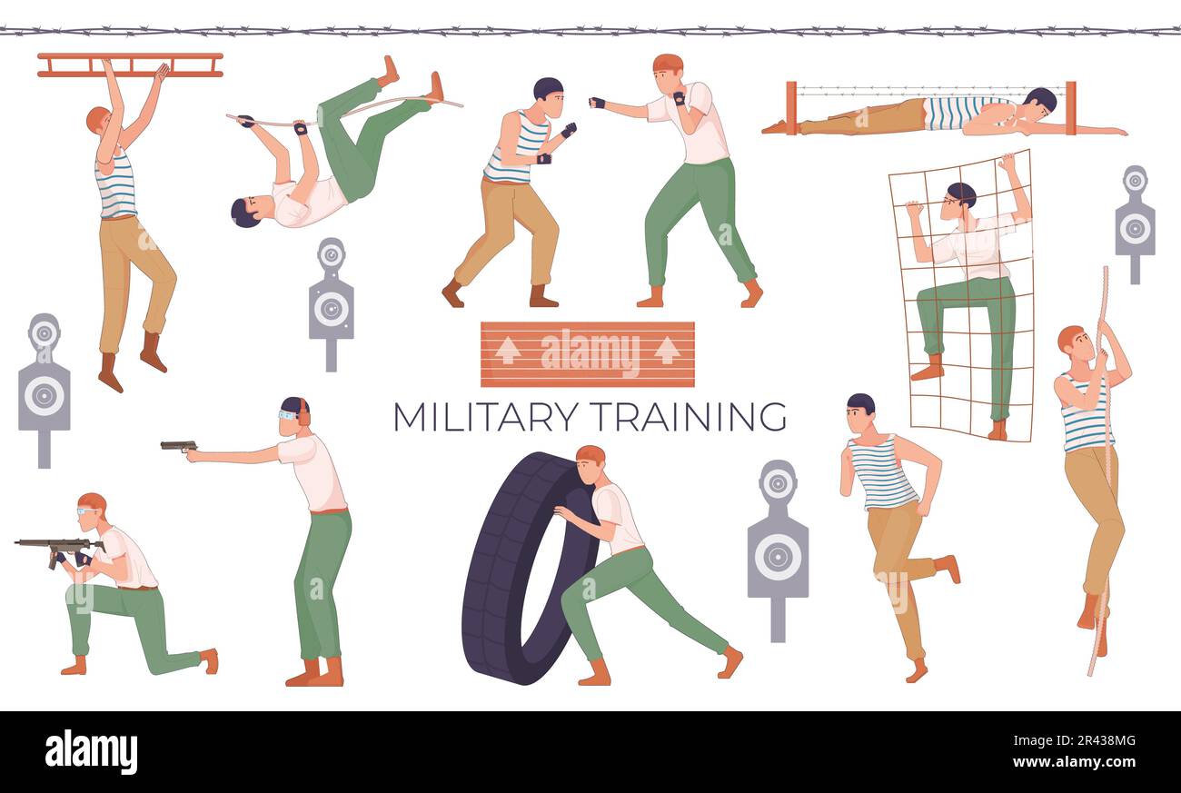 Military training flat set of isolated icons with human characters of recruits targets and physical obstacles vector illustration Stock Vector