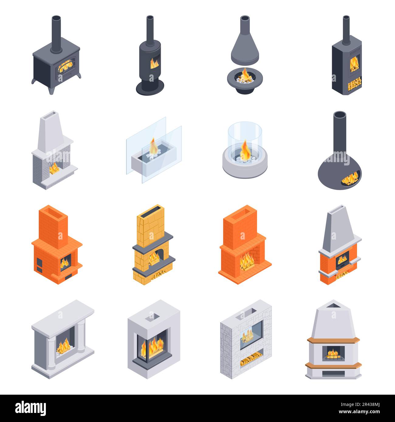 Isometric fireplaces set with isolated icons of different stoves with burning fire and various interior solutions vector illustration Stock Vector