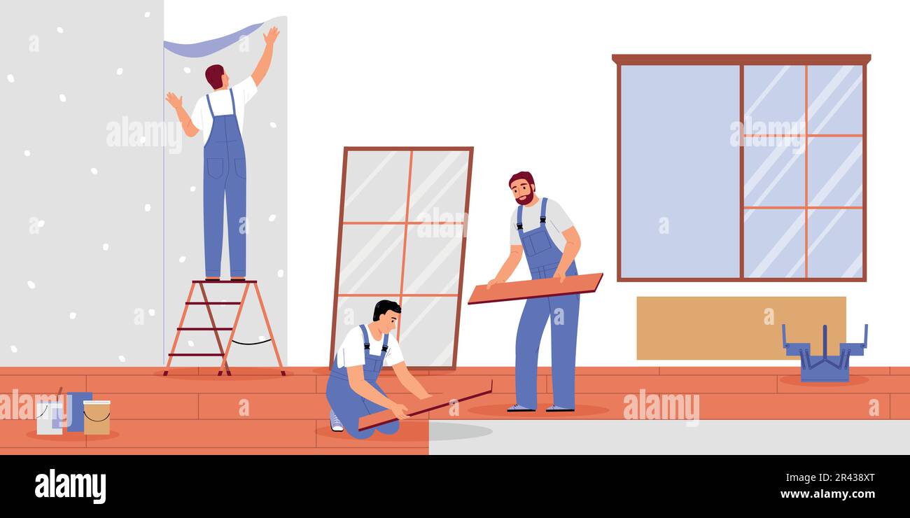 Home renovation flat concept with handymen repairing floors and wallpapers vector illustration Stock Vector