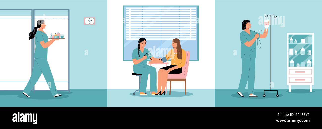Nurse flat compositions set with female medical professional in hospital isolated vector illustration Stock Vector