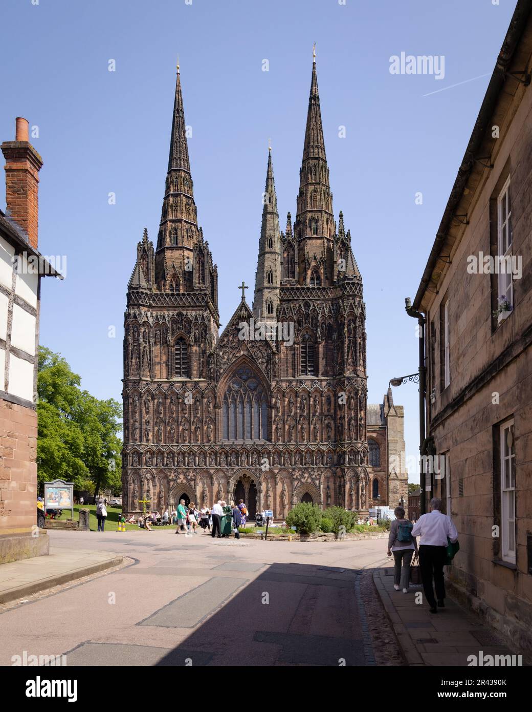 The West front of Lichfield Cathedral. With it's wonderful Gothic architecture. Lichfield Cathedral is a popular tourist destination. Stock Photo