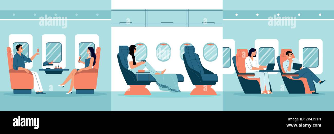 Airplane interior flat concept set with passengers in first and economic class vector illustration Stock Vector