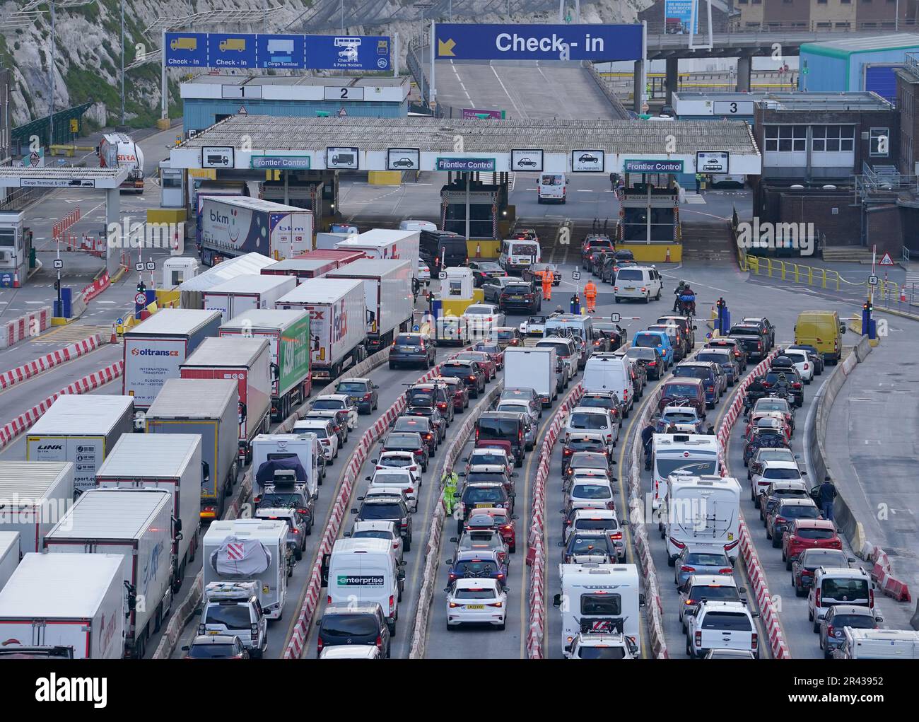 Traffic queues for ferries at the Port of Dover in Kent as the getaway