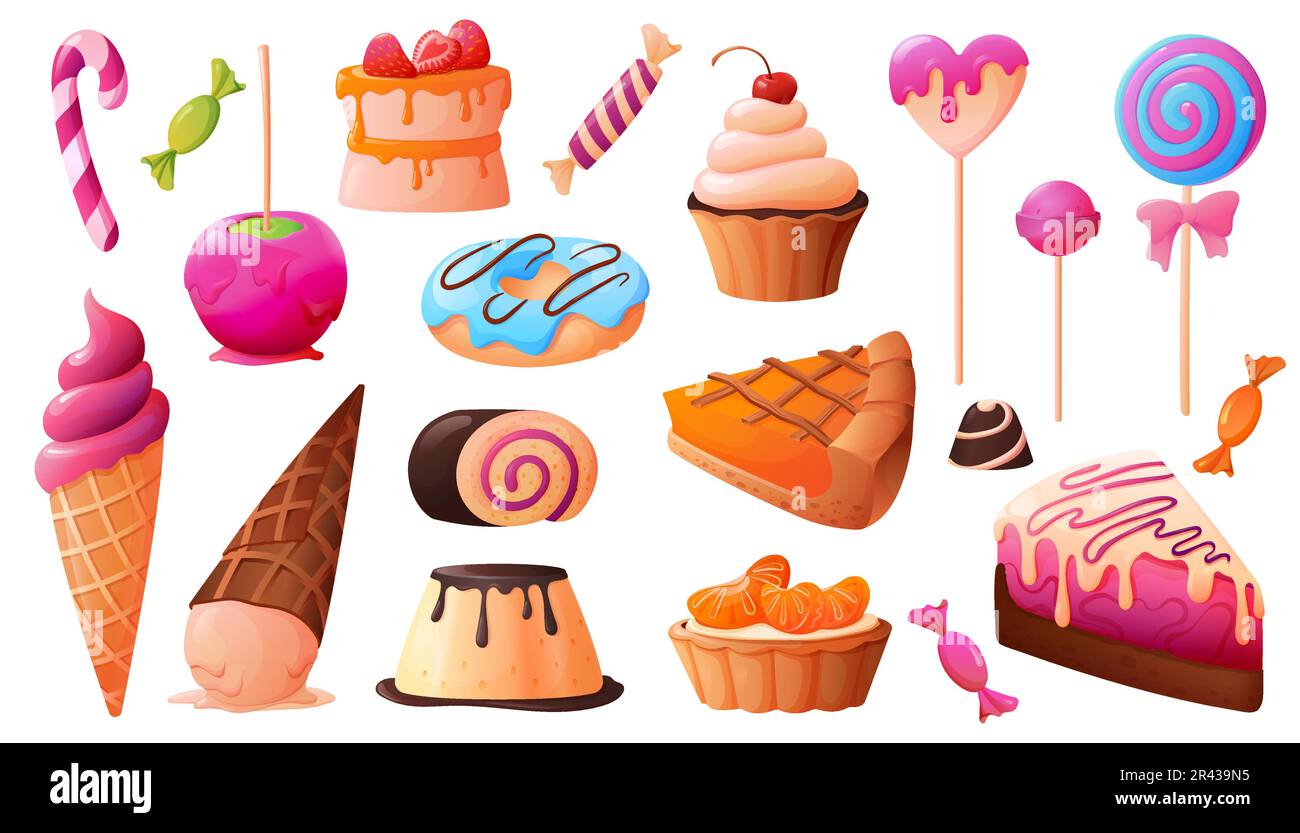Candy sweets set of isolated cartoon style icons of confectionery products cakes lollipops donuts and candies vector illustration Stock Vector