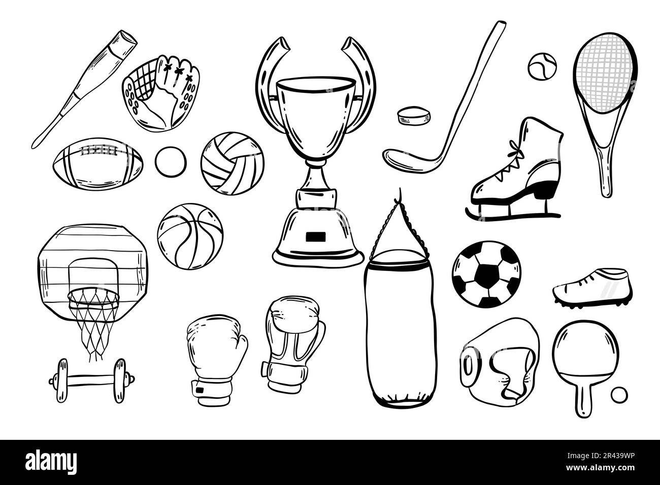 Sport equipment. Vector icons set of sport inventory with balls for volleyball, baseball, football game and tennis, golf ball, billiard, racket, bowli Stock Vector