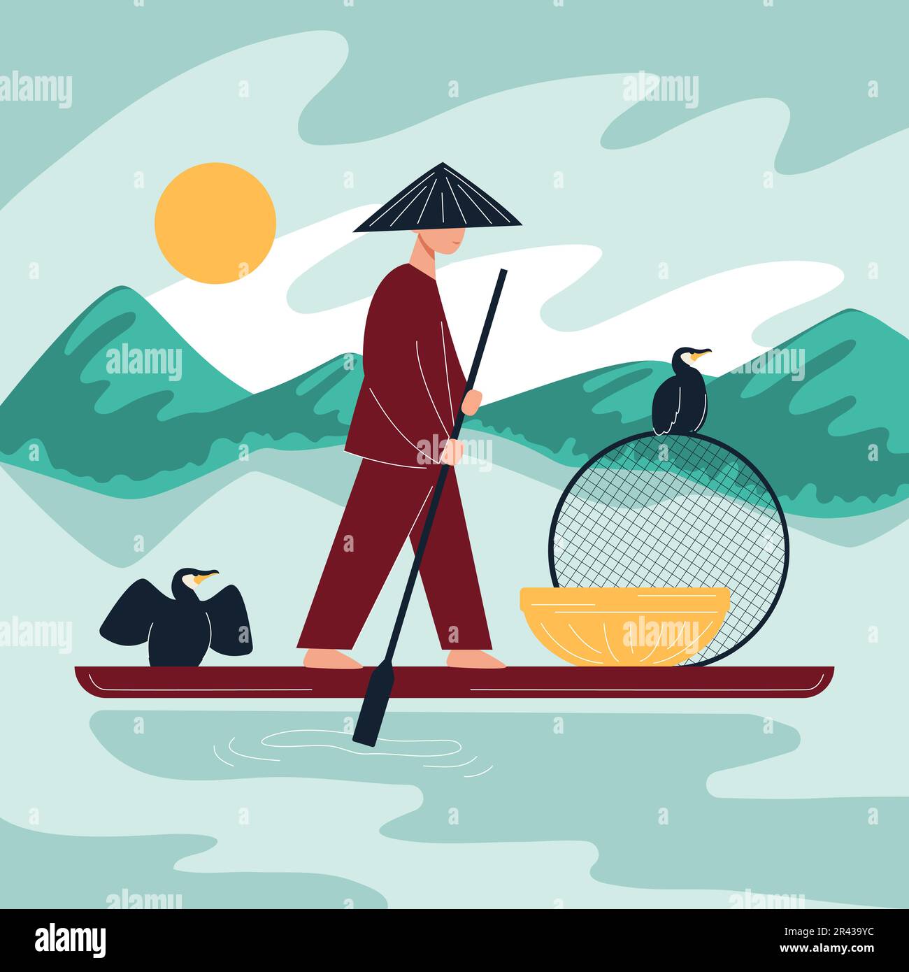 China symbol flat composition of landscape view with flat bottomed boat and standing man with paddle vector illustration Stock Vector