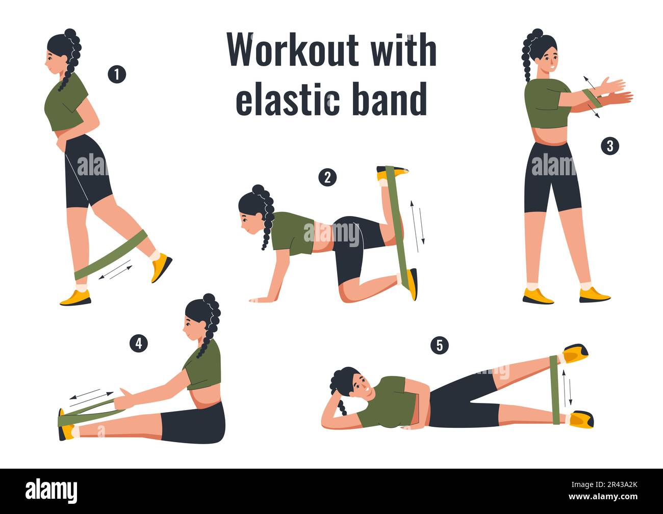 Home workout flat infographic composition with isolated text and female characters showing various figures for practicing vector illustration Stock Vector