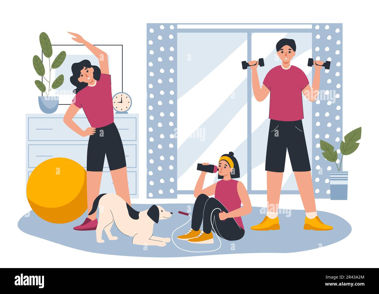Home workout flat composition with front view of living room interior with family characters performing exercises vector illustration Stock Vector