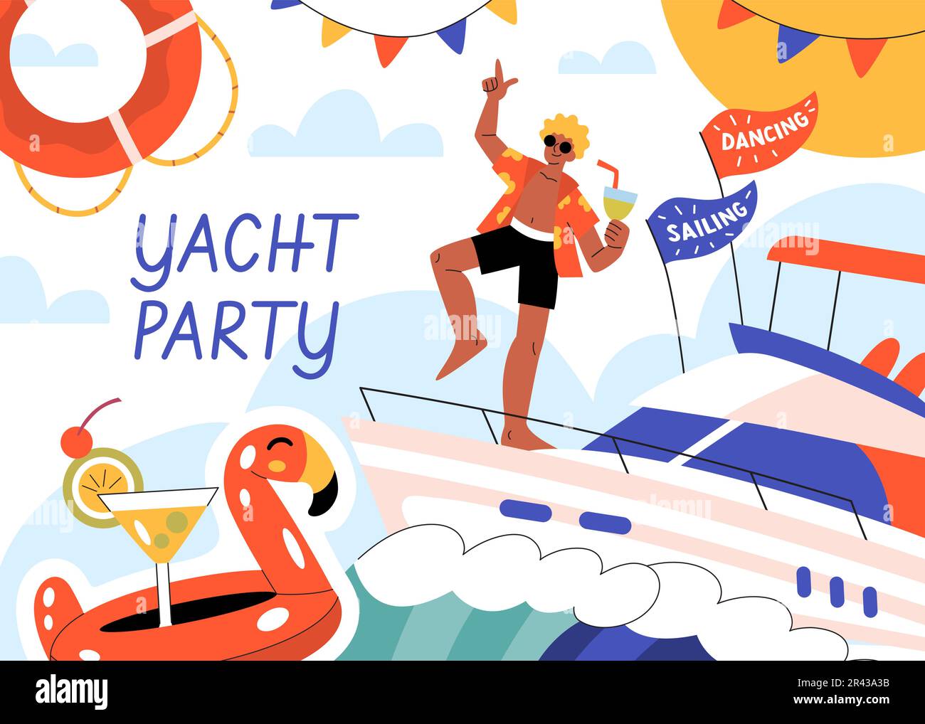 Yacht party composition with collage of flat sailing boat images ...