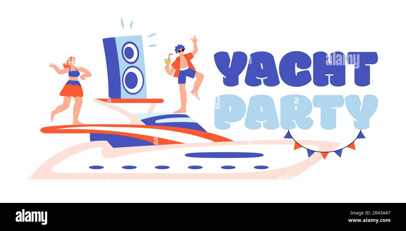 Yacht party composition of text and flat image of modern boat with