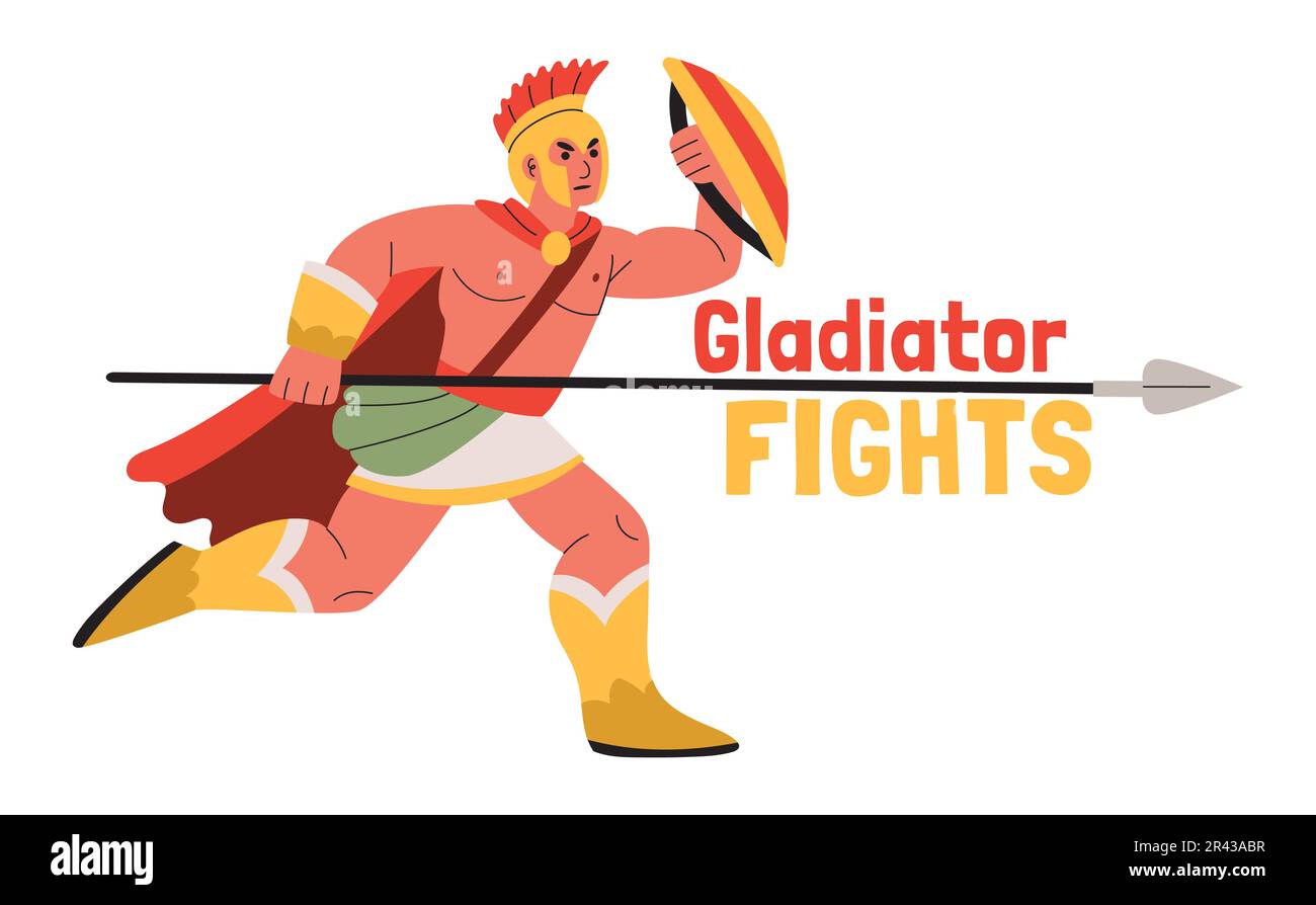 Gladiator fights composition with flat text and running character of warrior holding spade on blank background vector illustration Stock Vector