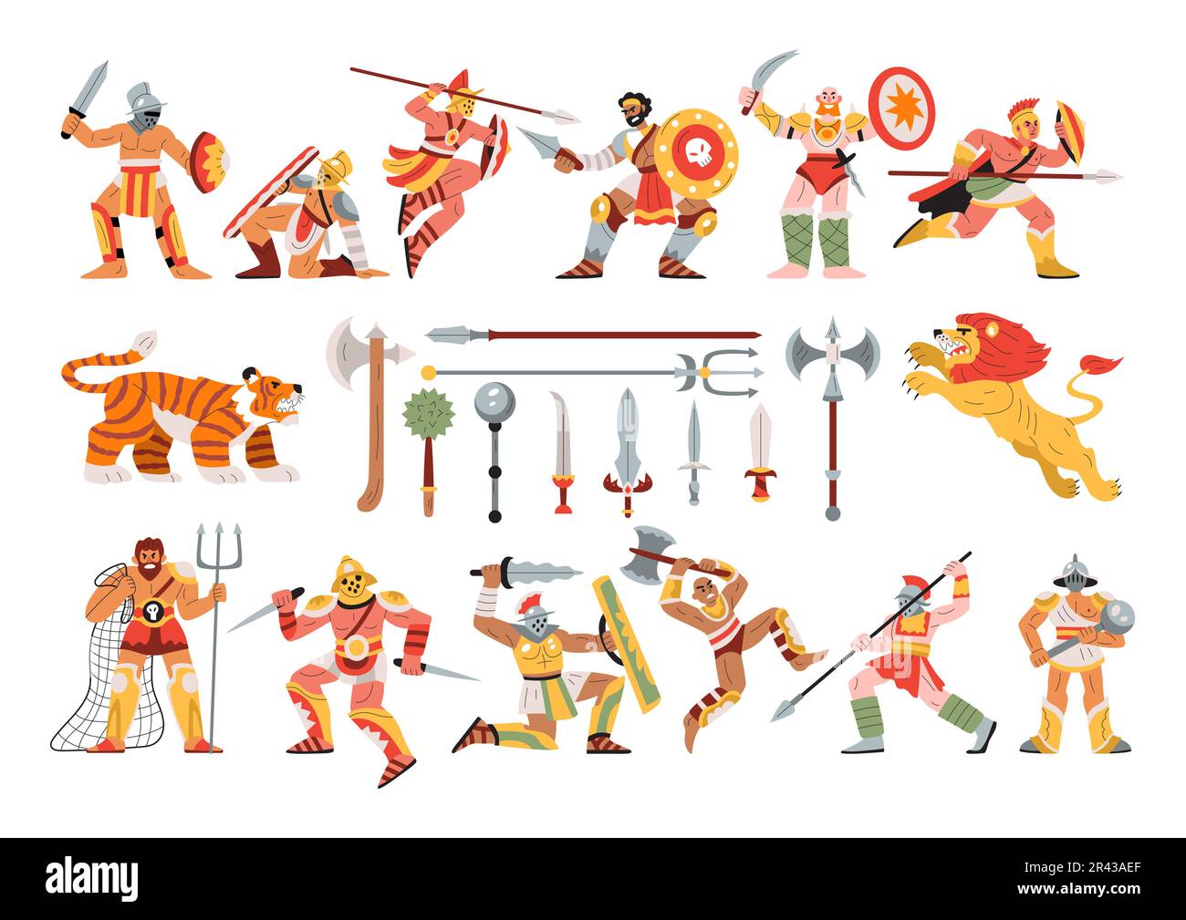 Gladiator fights flat set of isolated icons with ancient weapons armour and characters of roman fighters vector illustration Stock Vector