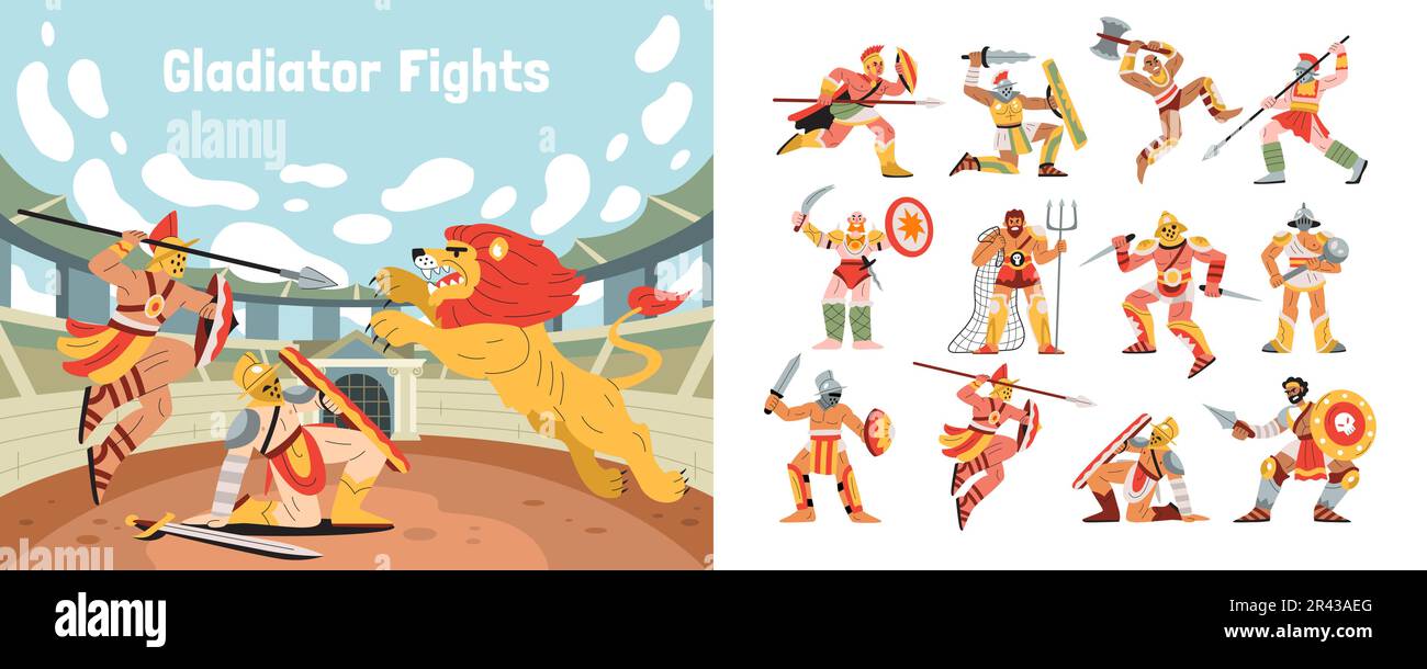 Gladiator fights set of flat compositions with ancient warriors with armour and lions in stadium colosseum vector illustration Stock Vector