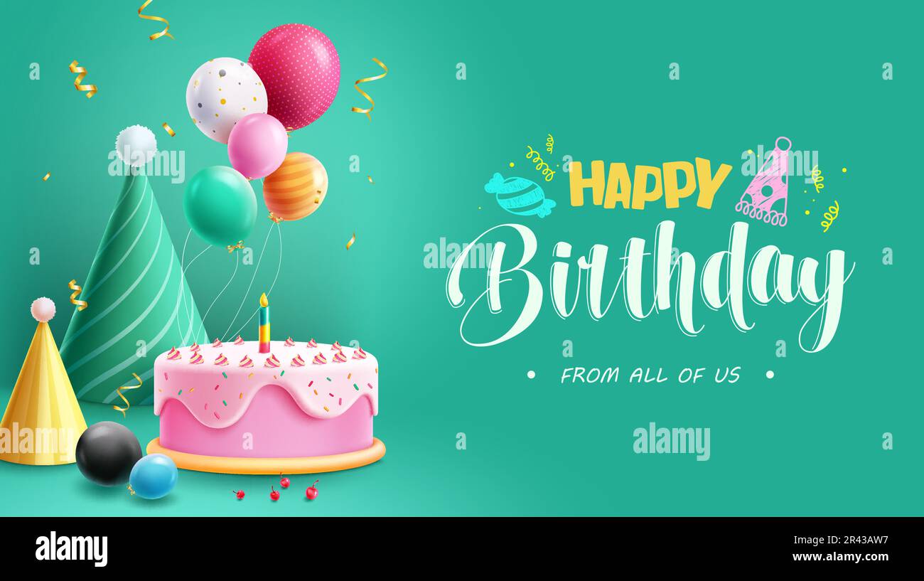 Happy birthday text vector design. Birthday party elements like cake