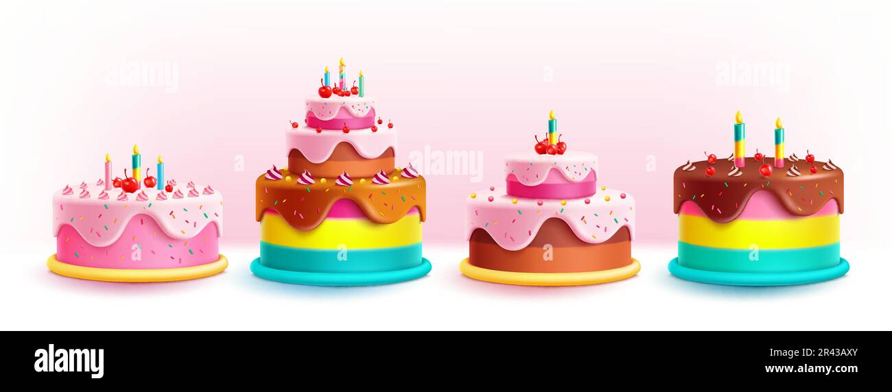 Birthday cakes set vector design. Birthday cake collection with colorful and yummy flavor. Vector illustration party elements collection. Stock Vector