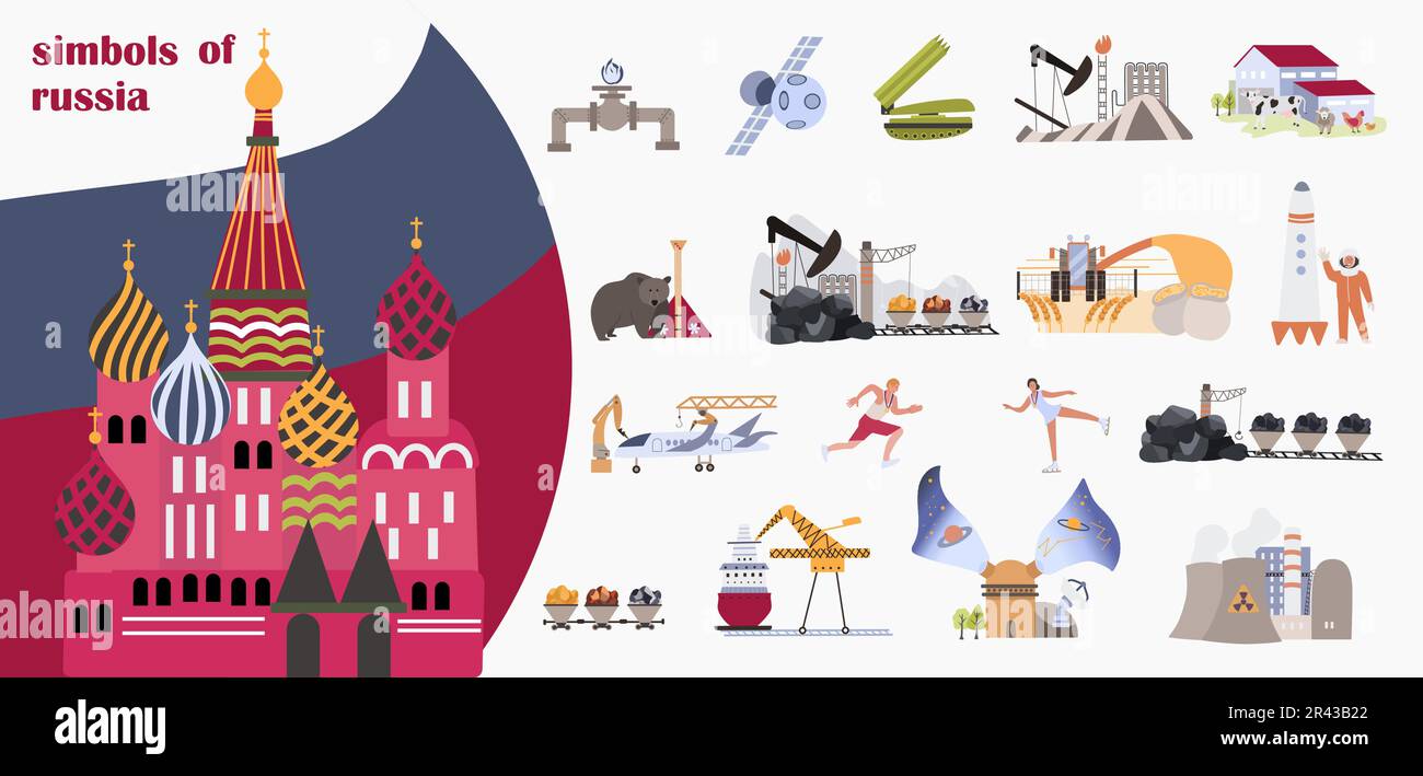 Russia symbol set of isolated compositions with flat isolated icons of narratives sportsmen oil derricks sights vector illustration Stock Vector