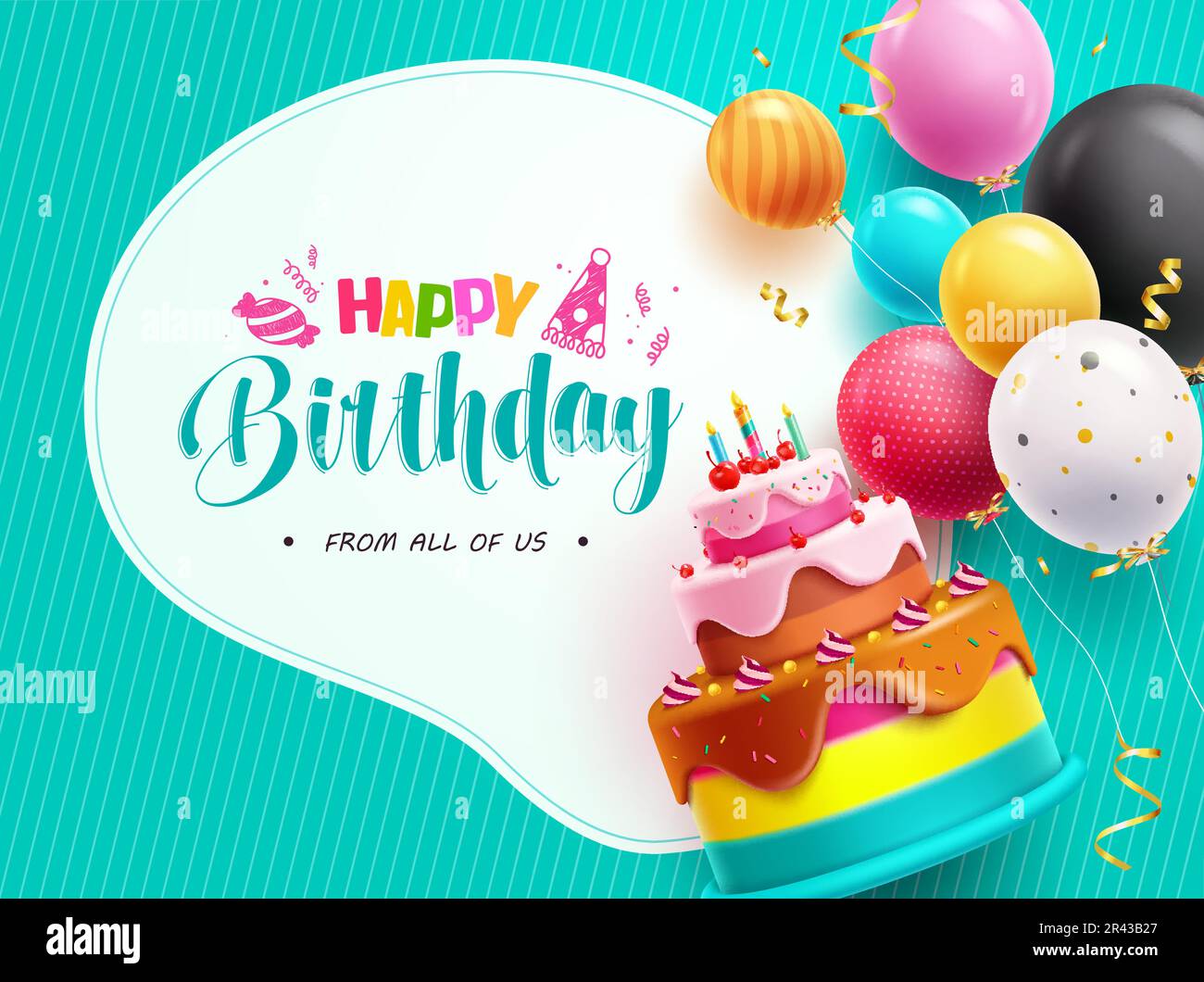 Happy birthday text vector template. Happy birthday greeting with cake and balloon elements. Vector illustration invitation card design. Stock Vector